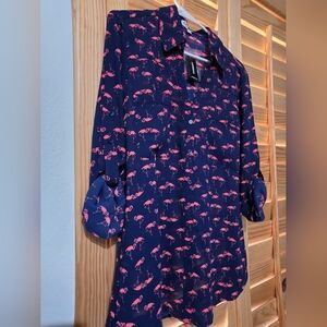 Express Dark Blue Shirt with Pink Flamingo Design
